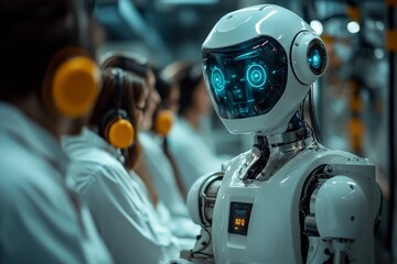 Leinwandbilder - Advanced robot interacts with humans in a high-tech facility during working hours