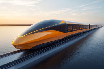 Aufkleber - High-speed train gliding along a sleek track near calm waters at sunset