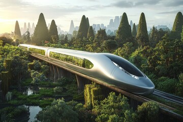 Aufkleber - Futuristic train gliding through lush greenery in a vibrant city setting during sunrise