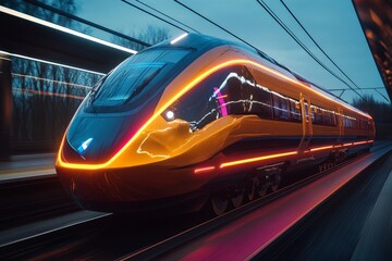 Aufkleber - Modern train with vibrant lighting at a station in twilight, showcasing advanced engineering and design