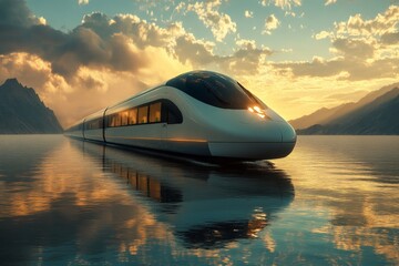 Aufkleber - Modern train glides smoothly across serene water during sunset amidst mountain backdrop