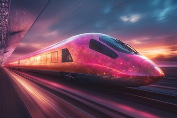 Aufkleber - Futuristic train speeding through vibrant scenery at dusk with colorful cosmic design elements