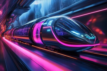 Poster - Futuristic high-speed train gliding through an illuminated tunnel during a vibrant night setting