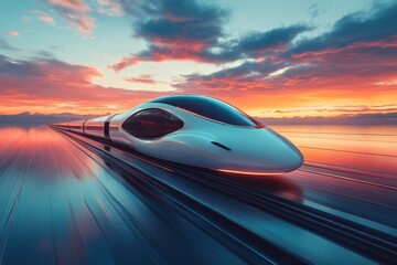 Aufkleber - High-speed train travels along futuristic tracks at sunset with colorful clouds illuminated by a vibrant sky