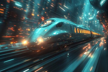 Poster - High-speed train travels through a futuristic urban landscape at night with vibrant lights