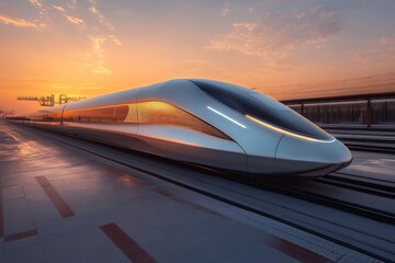 Aufkleber - Futuristic train resting at a modern station during sunset in a vibrant urban environment