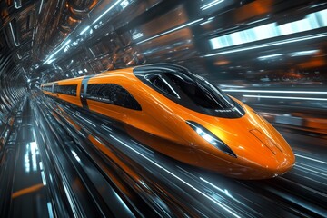 Aufkleber - High-speed train moves through a futuristic tunnel with vibrant orange and metallic design showcasing advanced technology