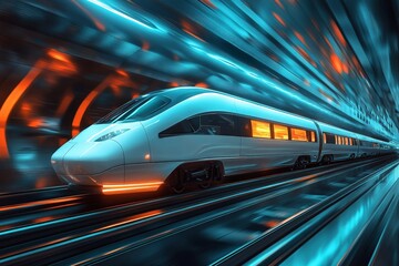Poster - Fast train traveling through a futuristic tunnel with vibrant lights and sleek design