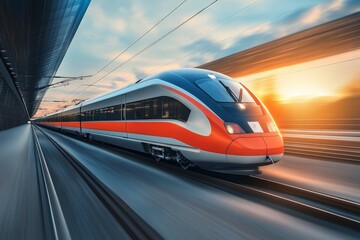 Aufkleber - Fast train speeding through modern station at sunset in a dynamic urban landscape