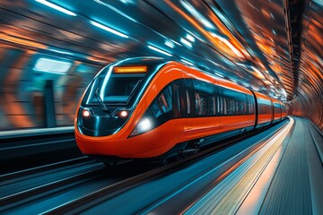 Aufkleber - Rapid train travels through a modern underground tunnel illuminated with dynamic lights and vibrant colors