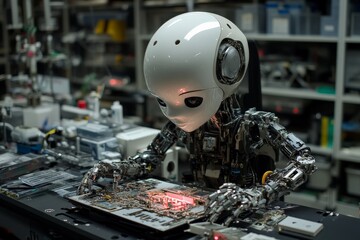Poster - Robot examines circuit board in a high-tech laboratory with intricate machinery and components