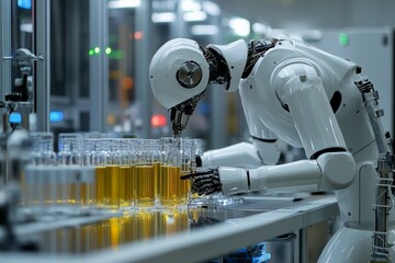 Leinwandbilder - Robot assembly line worker carefully inspects bottles in a high-tech manufacturing facility