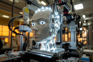 Leinwandbilder - Robot head with glowing features undergoing assembly in modern technology lab during daytime hours