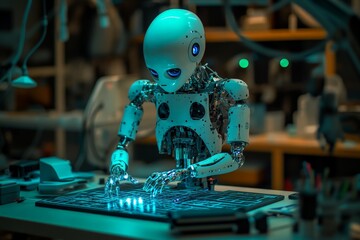 Poster - Robot engineer working on advanced circuitry in a high-tech laboratory during nighttime hours