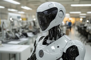 Poster - Futuristic humanoid robot on display in a modern laboratory during a technology showcase event