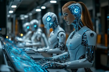 Leinwandbilder - Advanced robots working on high-tech consoles in a futuristic laboratory at night