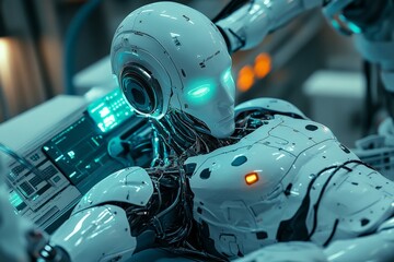 Aufkleber - Advanced robot lying on a high-tech operating table in a futuristic laboratory setting