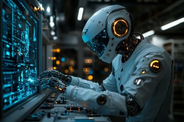 Poster - Robot working on advanced technology interface in a futuristic laboratory environment