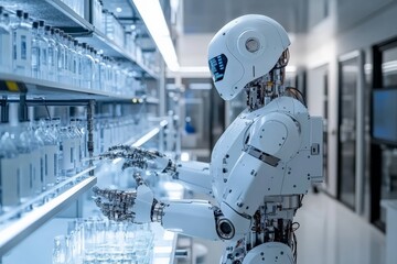 Aufkleber - Advanced robot organizes glass vials in a modern laboratory setting during daytime hours