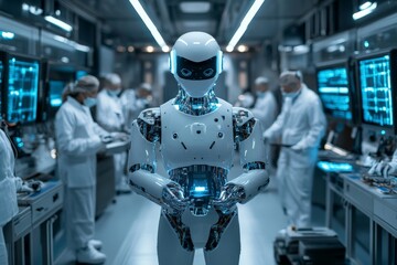 Leinwandbilder - Futuristic laboratory featuring a humanoid robot and scientists conducting research on advanced technology
