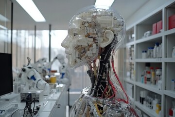 Leinwandbilder - Innovative humanoid robot showcased in a modern laboratory with intricate wiring and technology displayed clearly