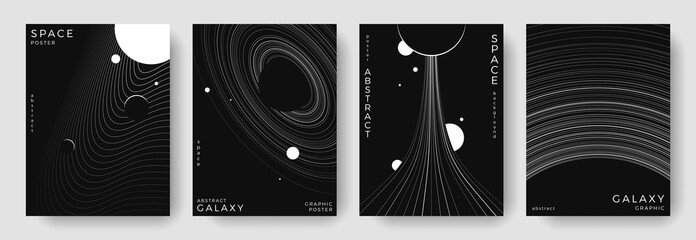 set of abstract space astronomy backgrounds. line art galaxy, universe, planet, black hole. black an