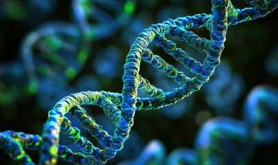 Wall Mural - artistic depiction of glowing dna strands in vibrant blue and green tones symbolizing scientific inn