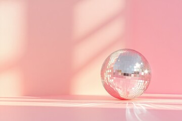 Wall Mural - elegant silver disco ball reflecting light beams on a pastel pink background creates a serene and mo
