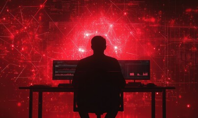 Wall Mural - silhouetted man seated at a desk surrounded by glowing red light and abstract graphs, symbolizing de