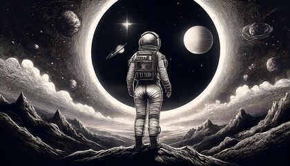 Wall Mural - Engraved artwork of an astronaut gazing at galaxies with retro space themes. Generative AI