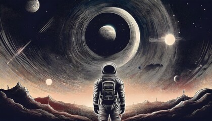 Wall Mural - Engraved artwork of an astronaut gazing at galaxies with retro space themes. Generative AI
