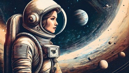 Wall Mural - Engraved artwork of an astronaut gazing at galaxies with retro space themes. Generative AI