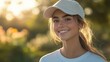 © nanskyblack - A young woman, sporting a bright white baseball cap and a crisp white t-shirt, beams with happiness, her eyes twinkling as she poses outdoors against a soft, blurred backdrop, a perfect concept
