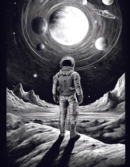Wall Mural - Engraved artwork of an astronaut gazing at galaxies with retro space themes. Generative AI