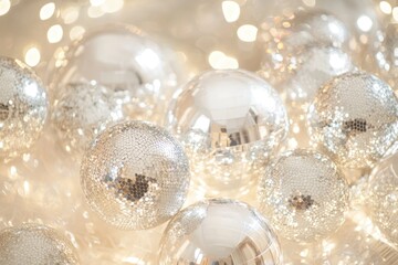 Wall Mural - cluster of glittering disco balls reflecting light against a neutral background in a minimalist sett