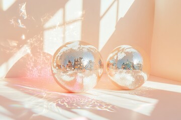 Wall Mural - holographic disco ball reflections creating rainbow spots on a white surface in a minimalist setup