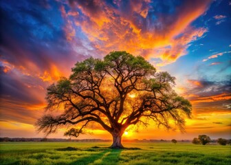 Wall Mural - Majestic Texas live oak silhouetted against a vibrant spring sunset, a breathtaking photographic capture.