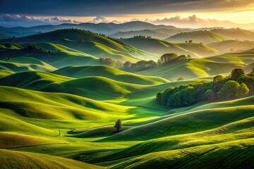 Wall Mural - Serene dusk settles on stunning green hills, a low-light landscape painting tranquility.