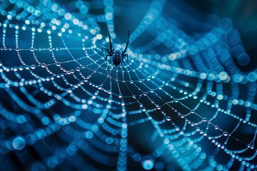 Spider on a Web with Dew Drops Close Up. Generative AI