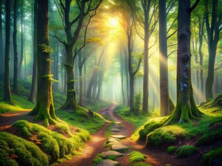 Wall Mural - Sunbeams pierce enchanted woods, a mystical path winds through fog-laden trees, serene and mysterious.