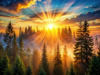 Wall Mural - Sun-drenched spruce forest, a surreal double exposure; nature's dreamlike embrace.