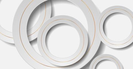 Sticker - paper grey layered 3d circles with golden lines abstract concept geometric background. vector graphi