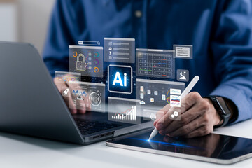 man uses a laptop and ai artificial intelligence technology for data analysis, research, planning, a