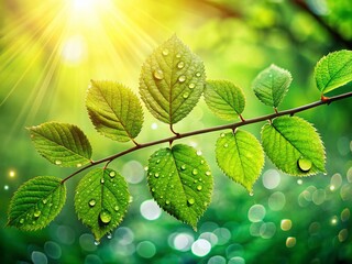 Wall Mural - Lush Green Forest Leaves with Dew Drops -  Nature Photography Stock Image