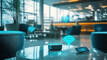 Innovative Wi-Fi hotspots for travel, set against a modern airport lounge backdrop with other smart devices