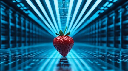 Floating strawberry in server room, representing data, network and digital world concept