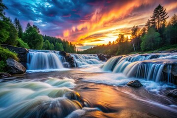 Wall Mural - Candid shots capture the rush of waterfalls at dusk, showcasing nature's raw power and serene beauty.