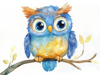 A cute blue owl is perched on a branch