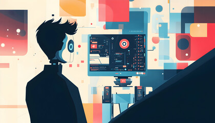 Wall Mural - man facing a robot while coding, with abstract shapes in the background -
