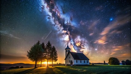 Wall Mural - Majestic Night Landscape: Church Under Starry Sky